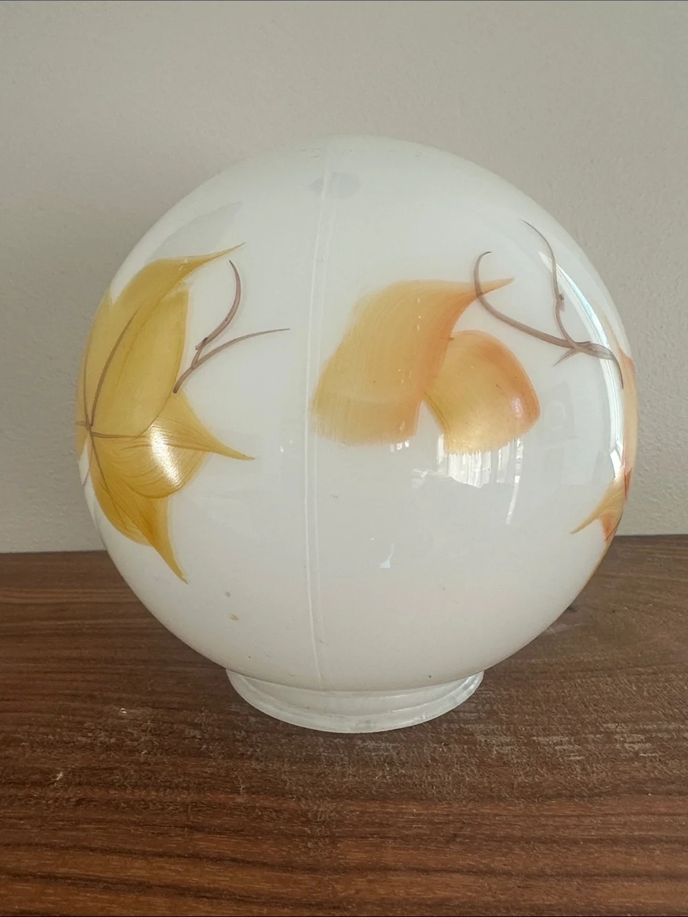 Vintage Hand-Painted Milk Glass Globe with Autumn Yellow and Orange Leaf Motif